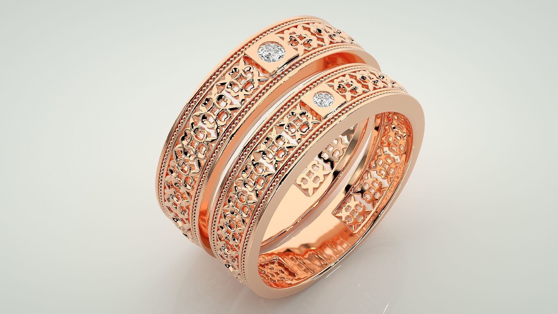 Mesh Solitaire Theme Couple Band Ring 3dm stl render detail 3D print model_3