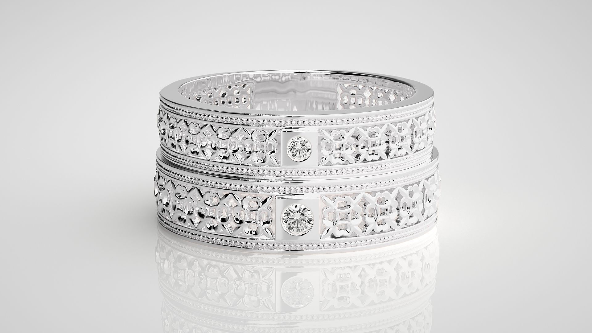 Mesh Solitaire Theme Couple Band Ring 3dm stl render detail 3D print model_7