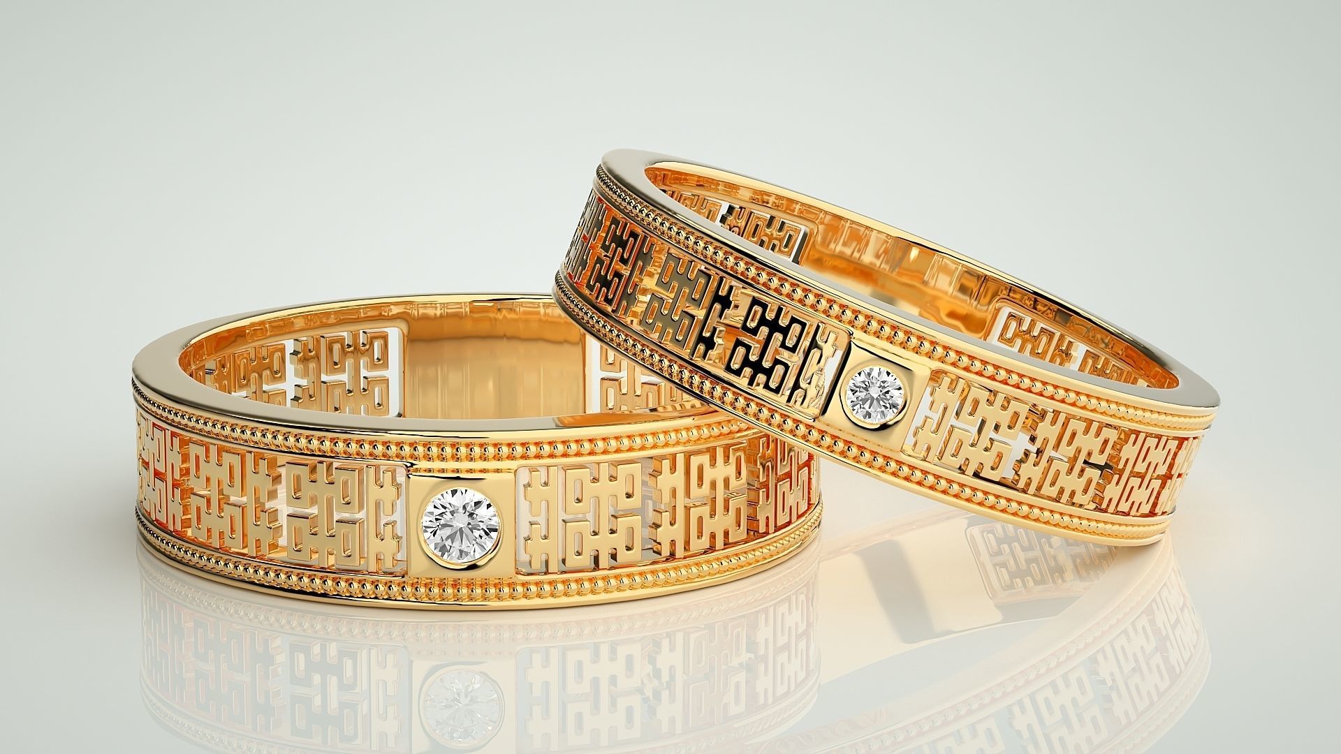 Mesh Solitaire Couple Band Ring 3dm stl render detail 3D print model_9