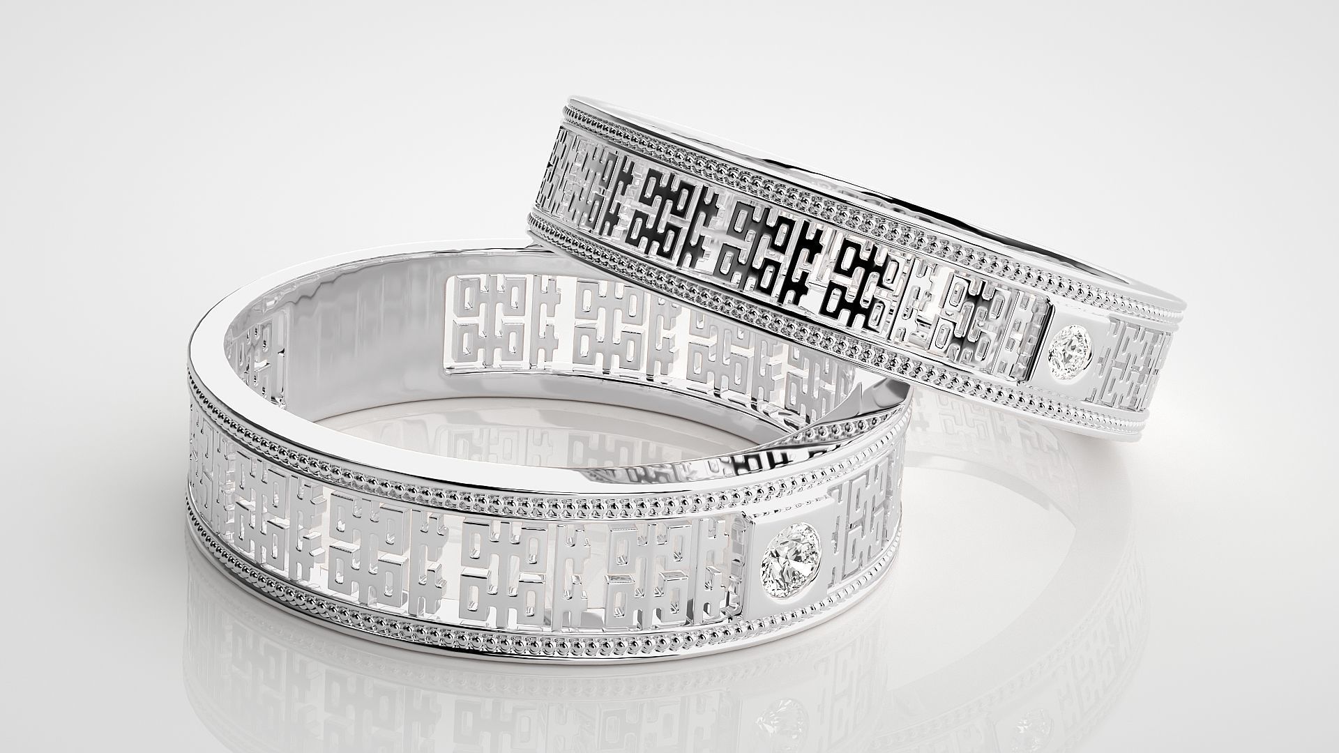 Mesh Solitaire Couple Band Ring 3dm stl render detail 3D print model_6
