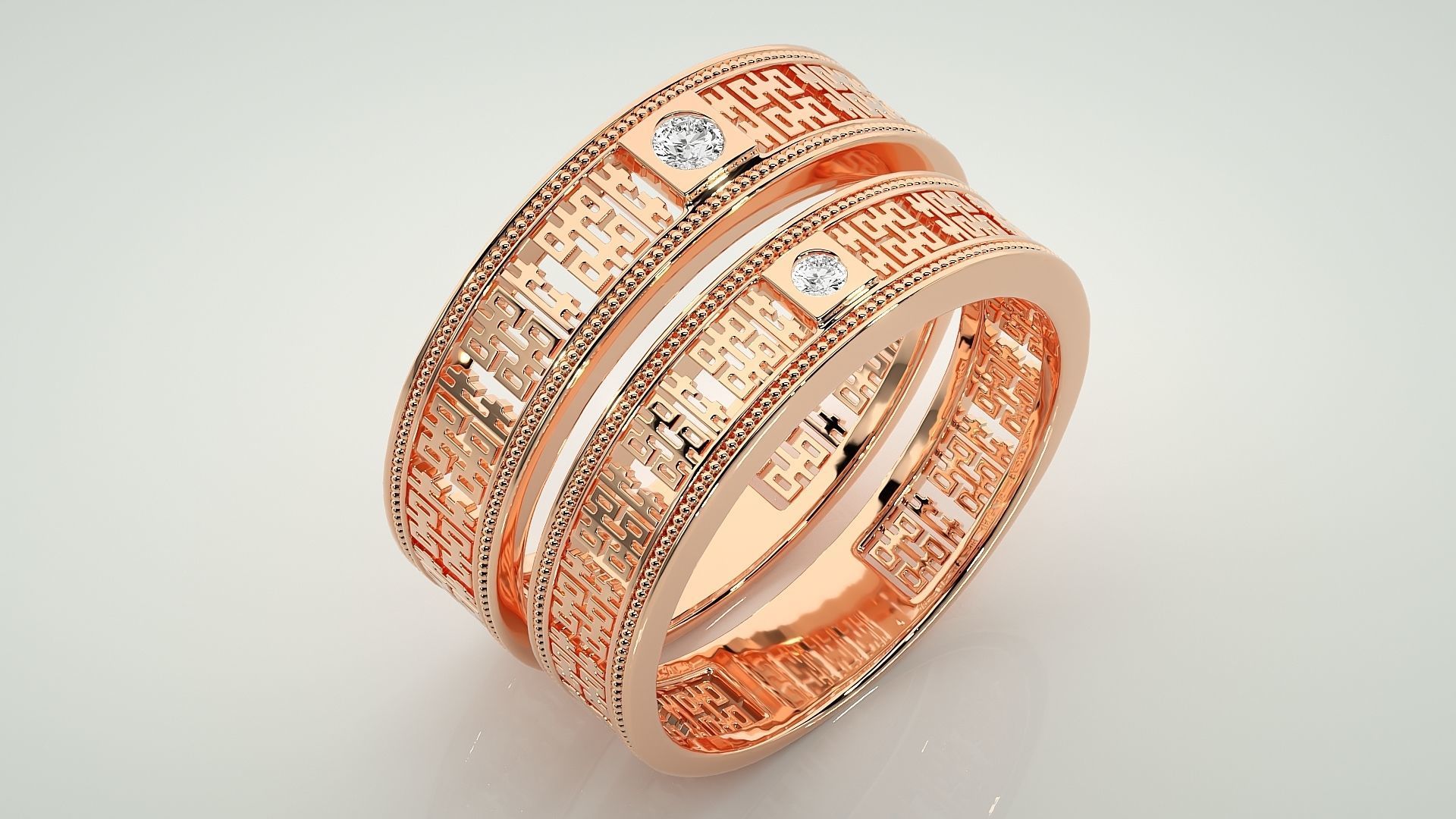 Mesh Solitaire Couple Band Ring 3dm stl render detail 3D print model_3