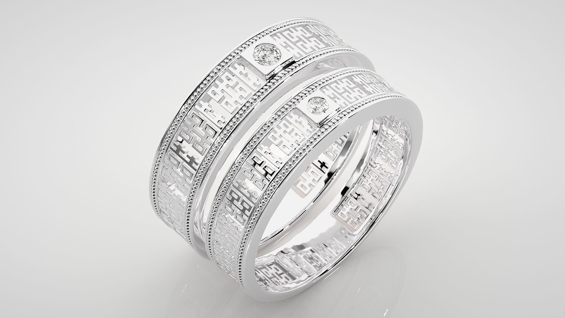 Mesh Solitaire Couple Band Ring 3dm stl render detail 3D print model_8