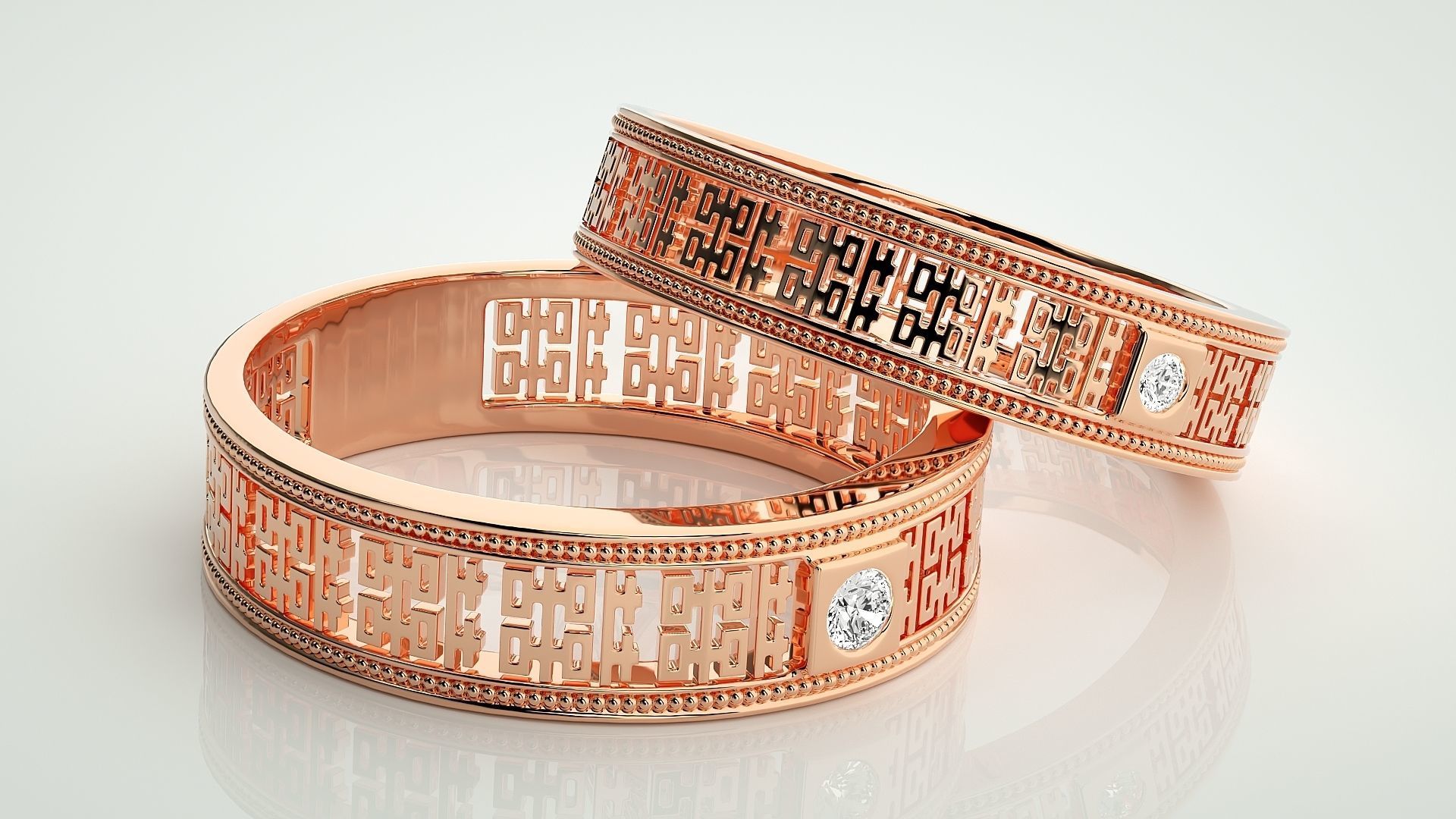 Mesh Solitaire Couple Band Ring 3dm stl render detail 3D print model_1