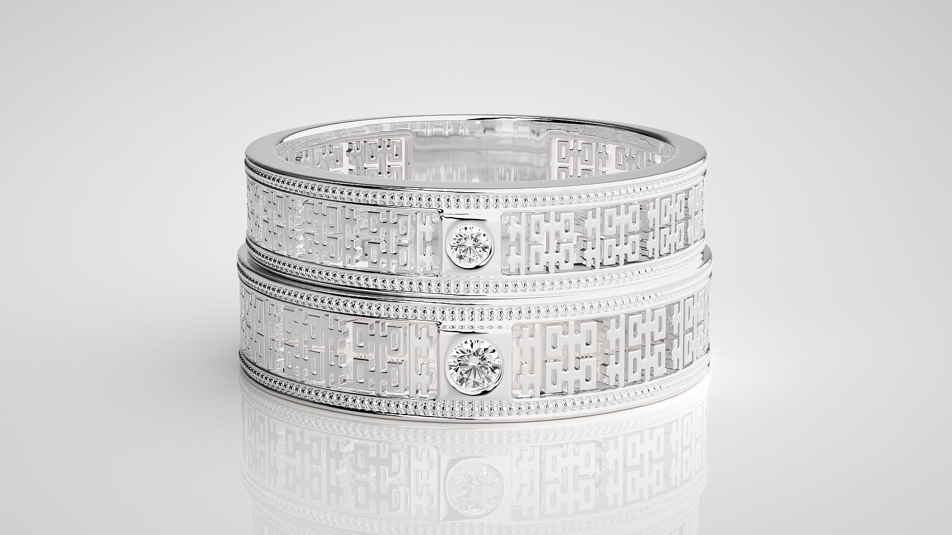 Mesh Solitaire Couple Band Ring 3dm stl render detail 3D print model_7