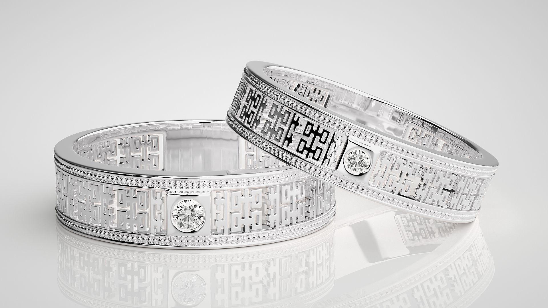 Mesh Solitaire Couple Band Ring 3dm stl render detail 3D print model_5