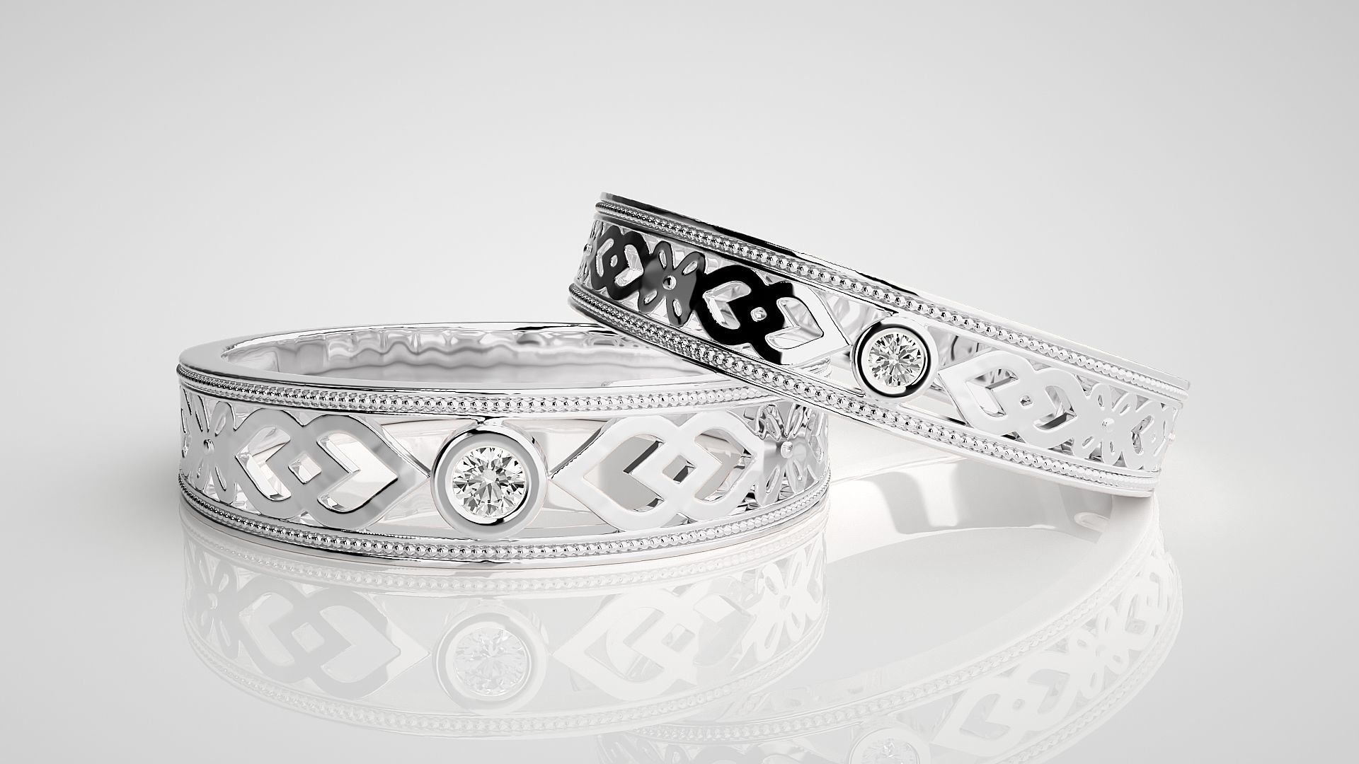 Solitaire Mesh Couple Band Ring 3dm stl render detail 3D print model_4