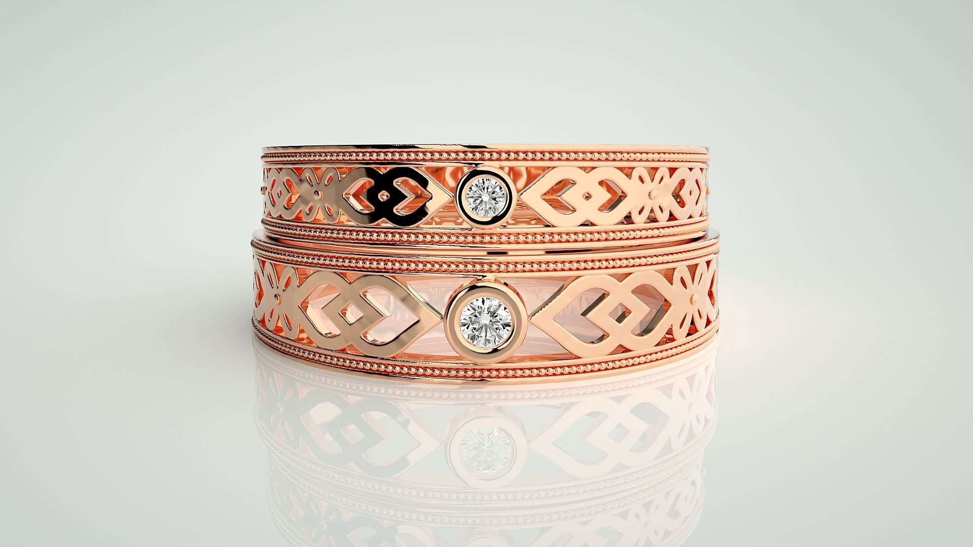 Solitaire Mesh Couple Band Ring 3dm stl render detail 3D print model_2