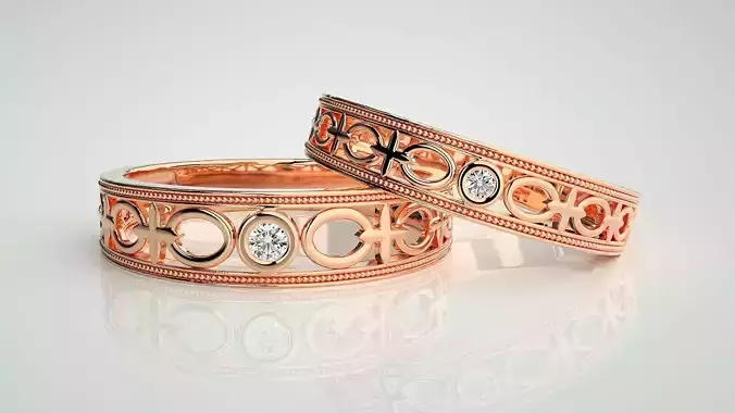 Solitaire Mesh Couple Band Ring 3dm stl render detail