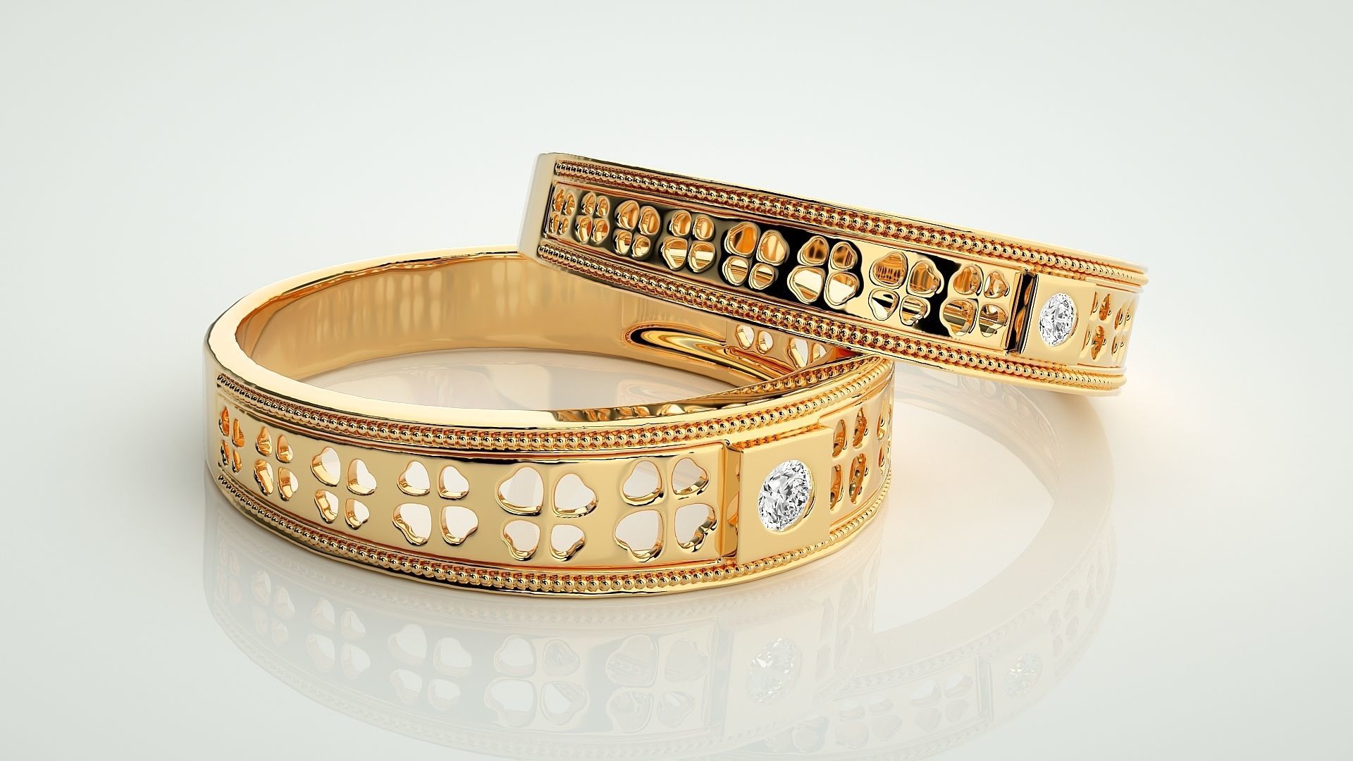Leaf Theme Solitaire Couple Band Ring 3dm stl render detail 3D print model_10