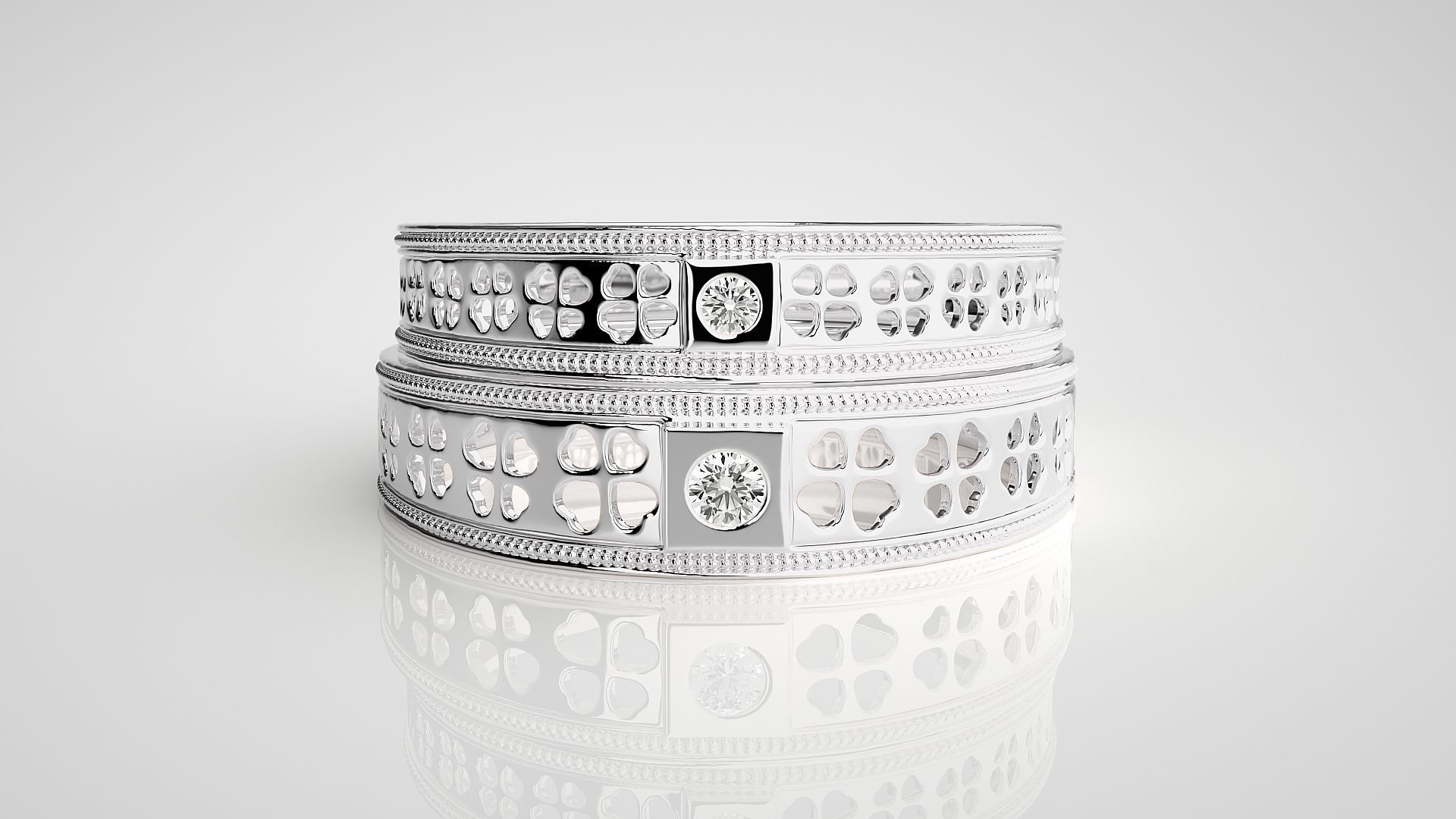 Leaf Theme Solitaire Couple Band Ring 3dm stl render detail 3D print model_7