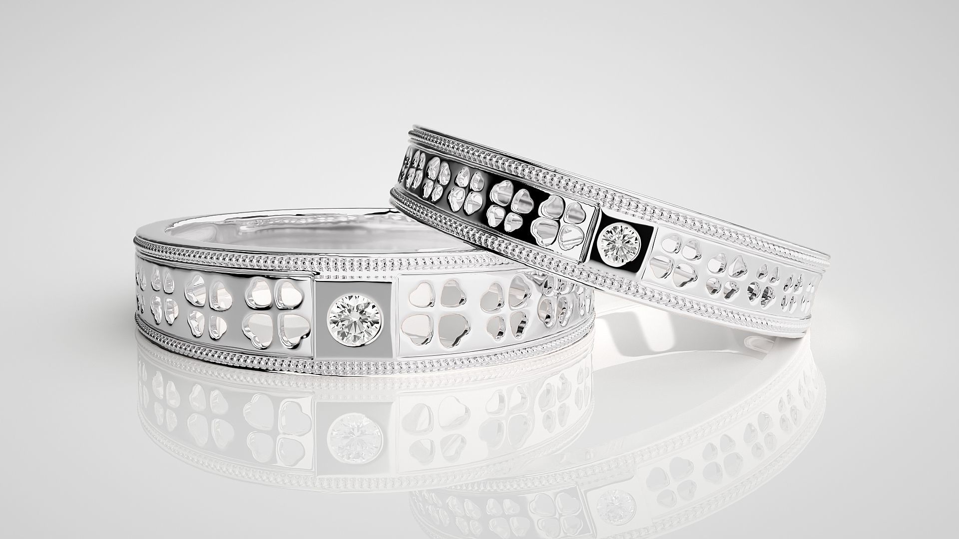 Leaf Theme Solitaire Couple Band Ring 3dm stl render detail 3D print model_4