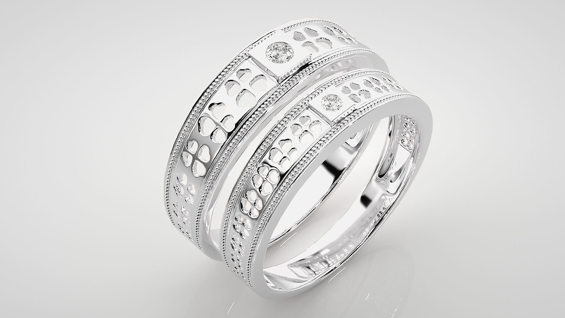 Leaf Theme Solitaire Couple Band Ring 3dm stl render detail 3D print model_8