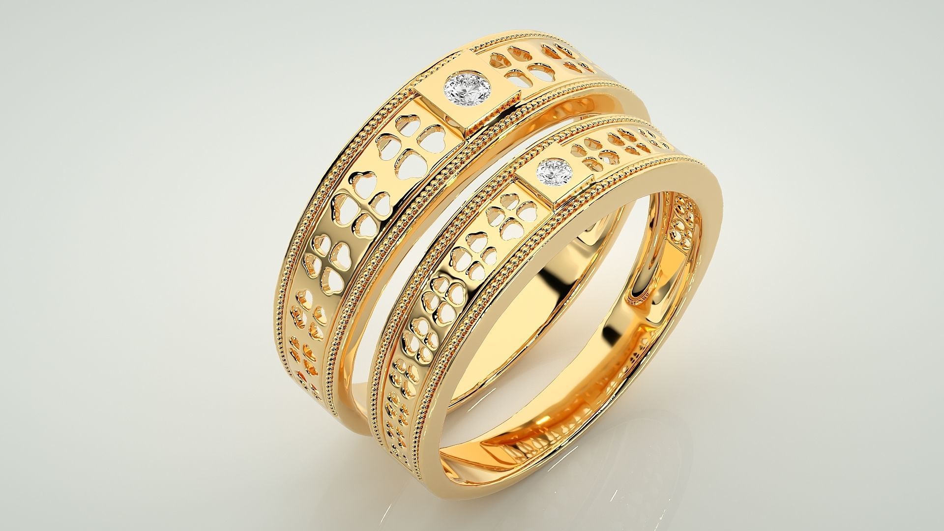 Leaf Theme Solitaire Couple Band Ring 3dm stl render detail 3D print model_12