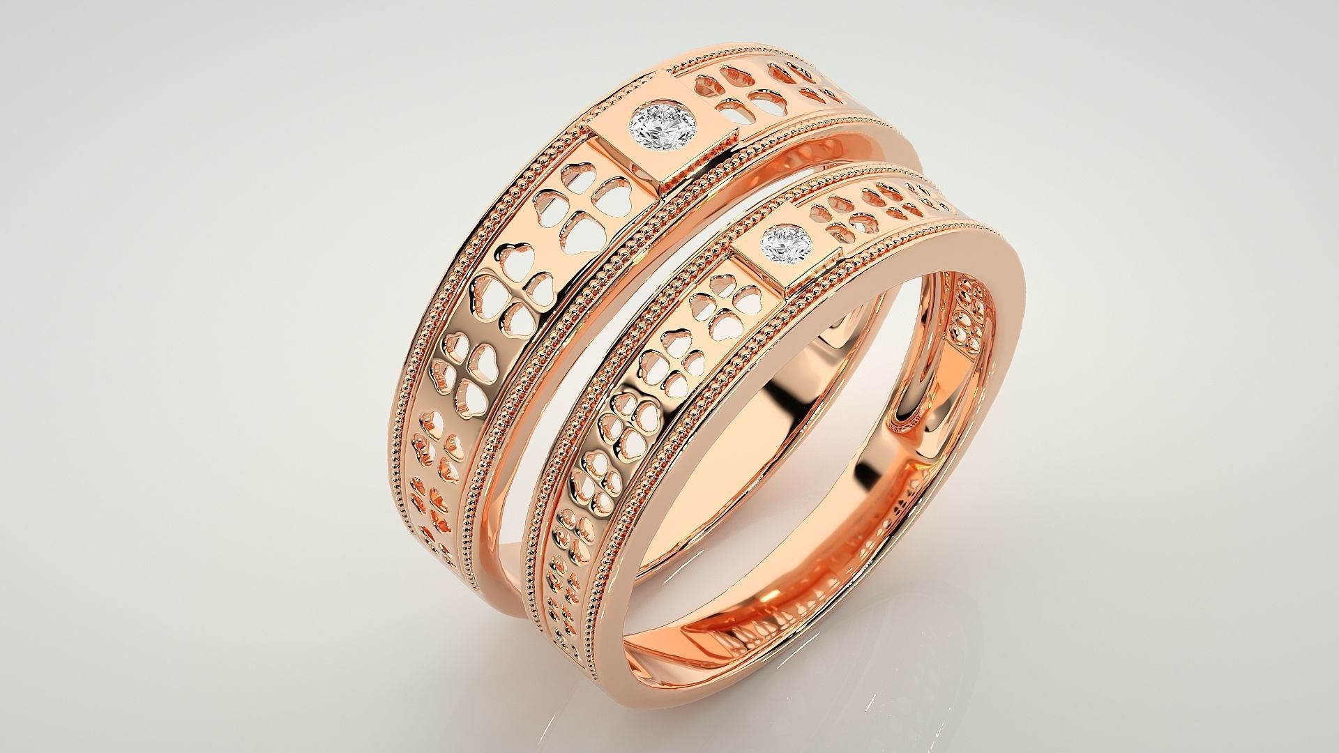 Leaf Theme Solitaire Couple Band Ring 3dm stl render detail 3D print model_3