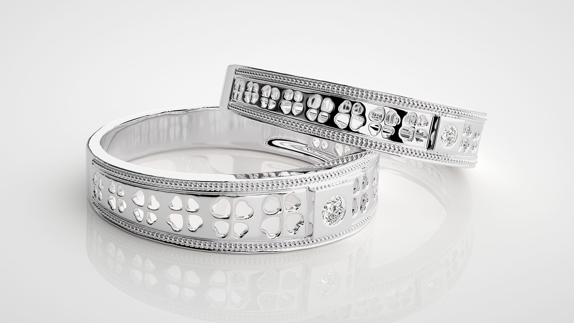 Leaf Theme Solitaire Couple Band Ring 3dm stl render detail 3D print model_6