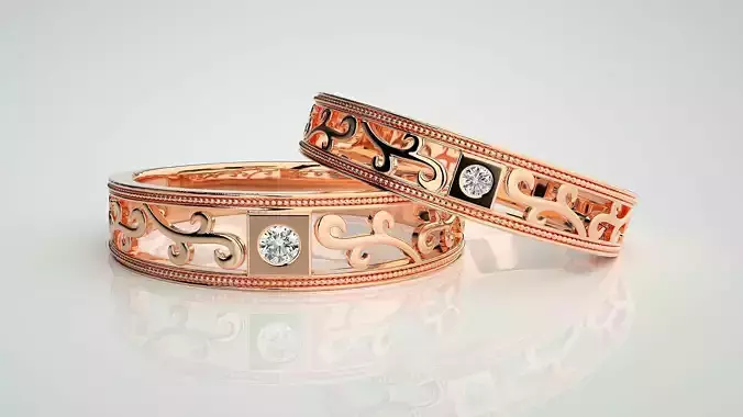 Solitaire Mesh Couple Band Ring 3dm stl render detail