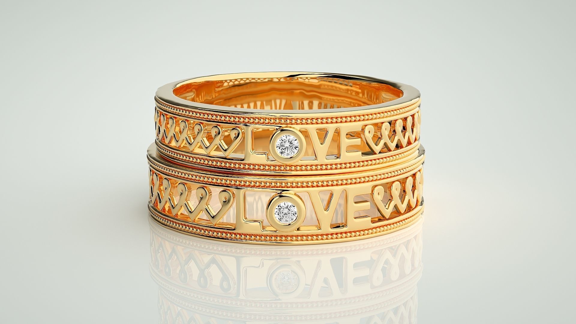 Love Valentine Solitaire Couple Band Ring 3dm stl render detail 3D print model_11