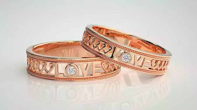 Love Valentine Solitaire Couple Band Ring 3dm stl render detail