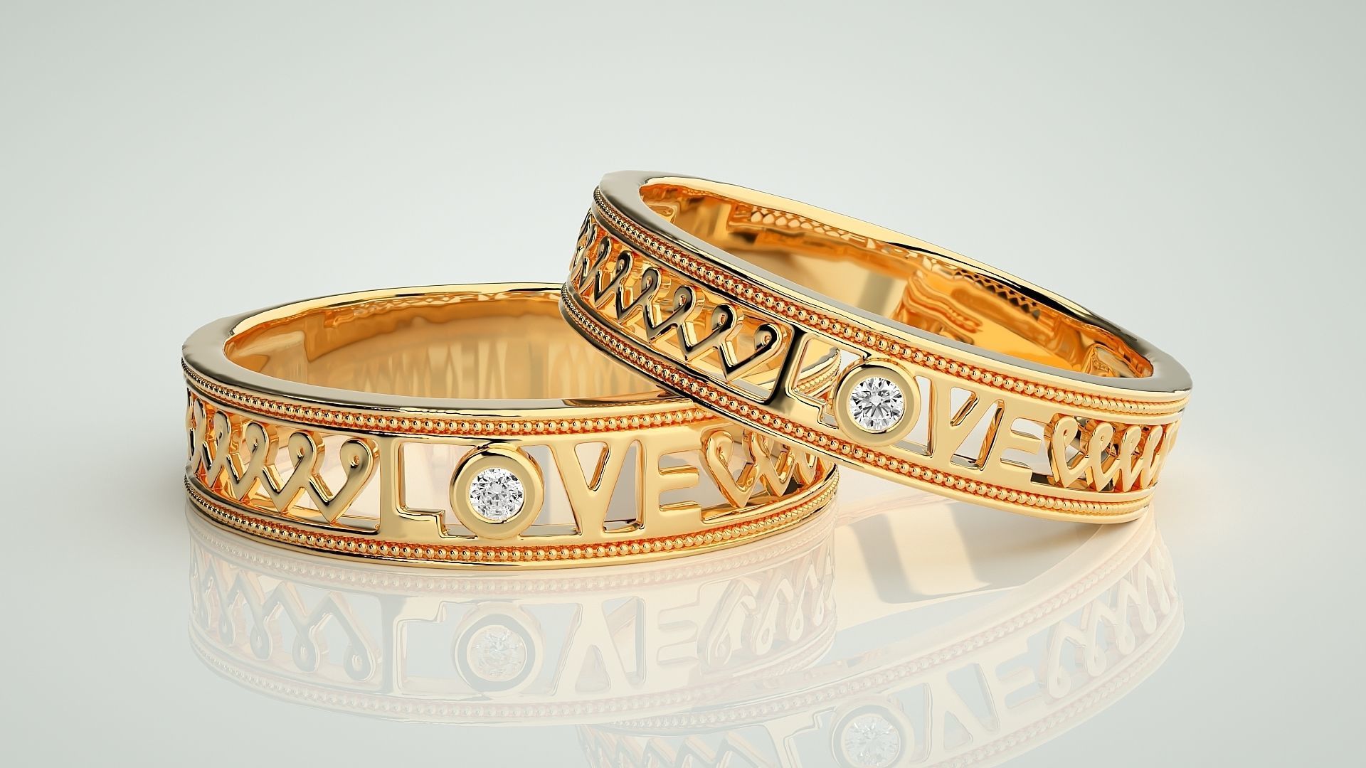 Love Valentine Solitaire Couple Band Ring 3dm stl render detail 3D print model_9