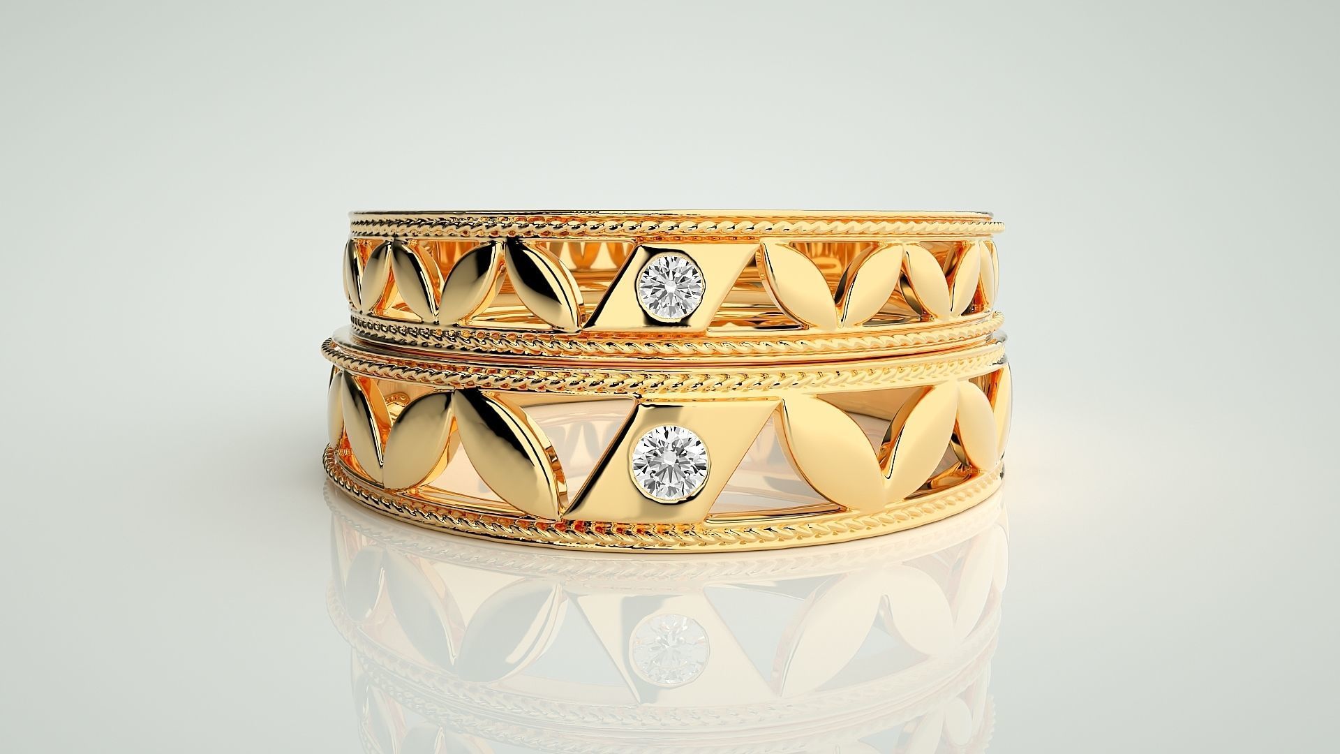 Leaf Solitaire Couple Band Ring 3dm stl render detail 3D print model_11