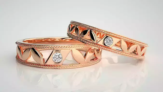 Leaf Solitaire Couple Band Ring 3dm stl render detail 3D print model