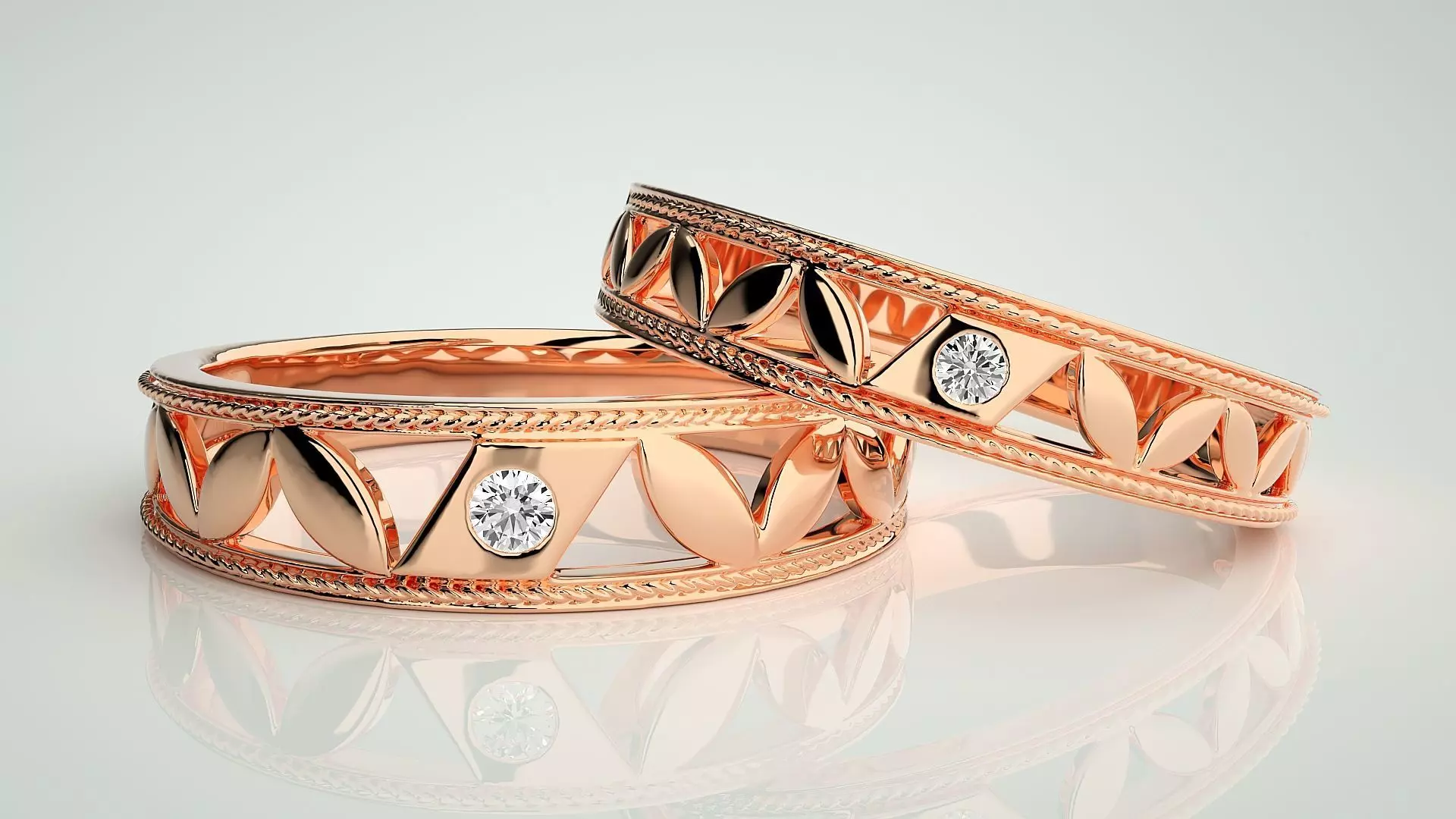 Leaf Solitaire Couple Band Ring 3dm stl render detail 3D print model_0