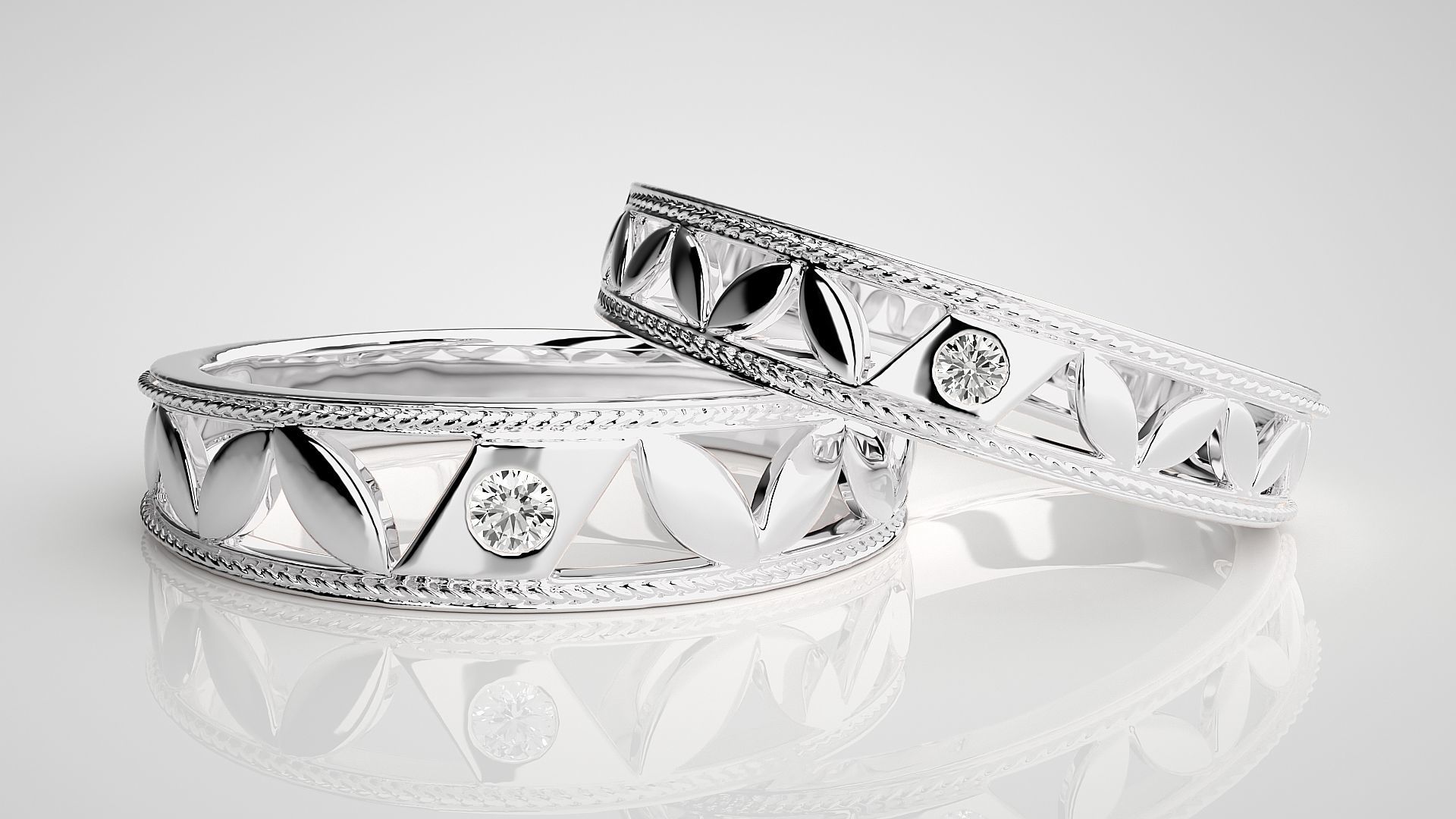 Leaf Solitaire Couple Band Ring 3dm stl render detail 3D print model_4