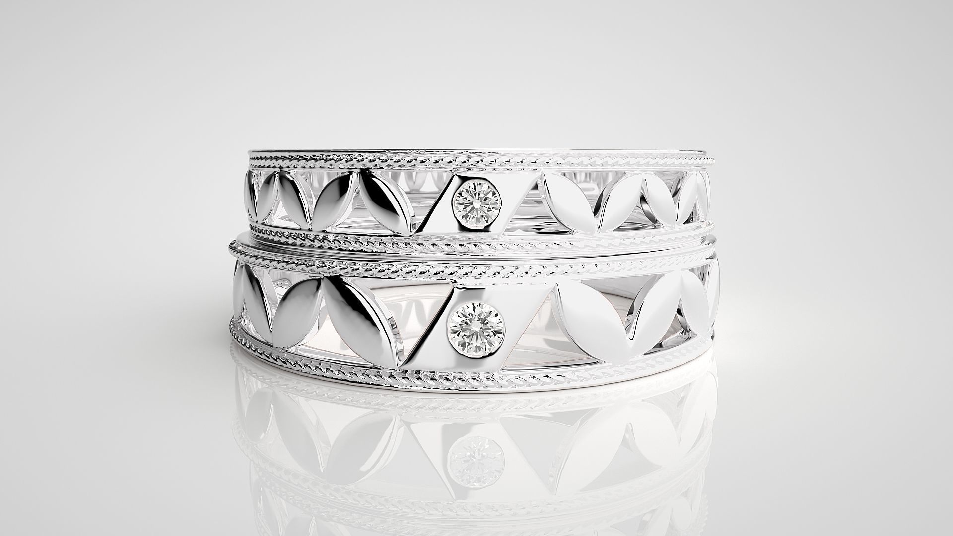 Leaf Solitaire Couple Band Ring 3dm stl render detail 3D print model_6
