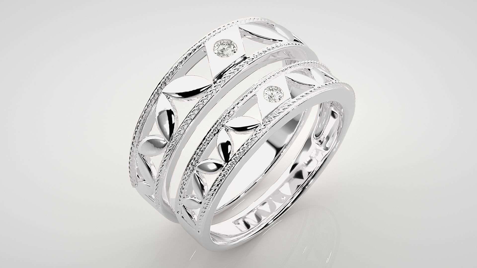 Leaf Solitaire Couple Band Ring 3dm stl render detail 3D print model_7