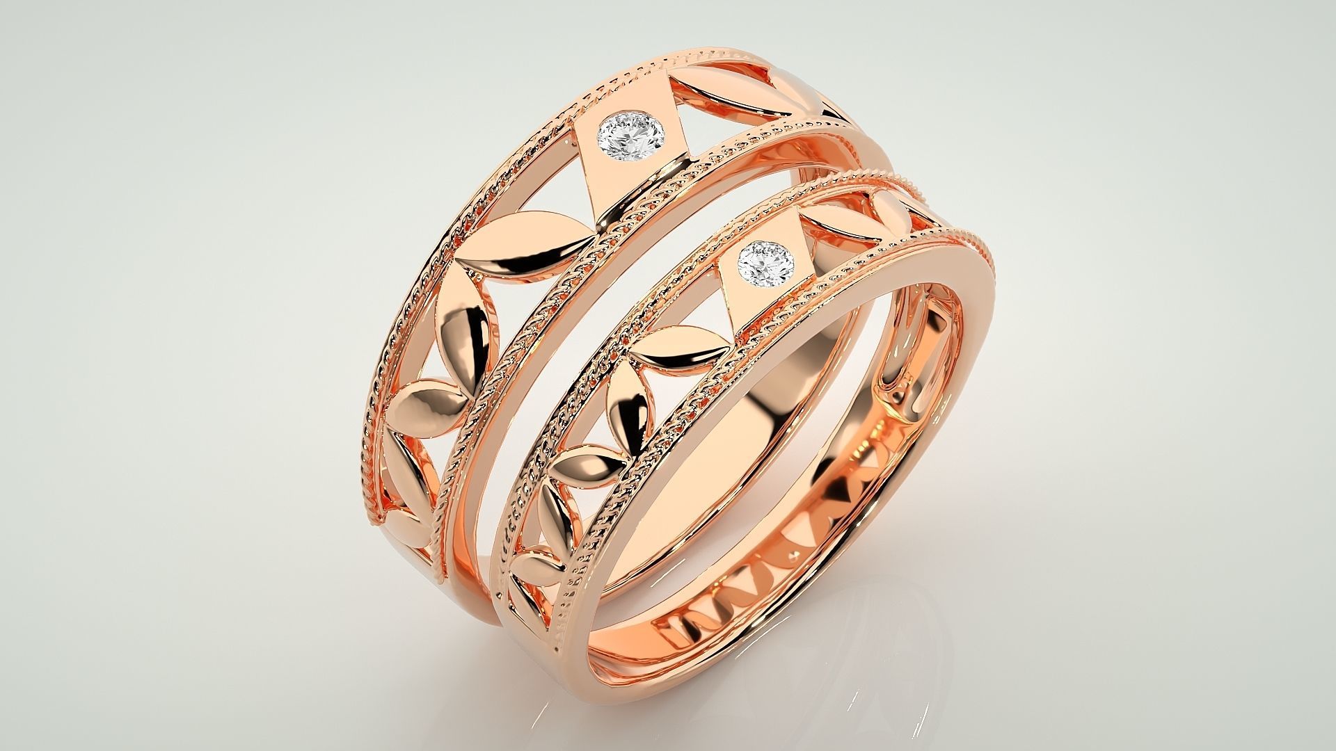 Leaf Solitaire Couple Band Ring 3dm stl render detail 3D print model_3