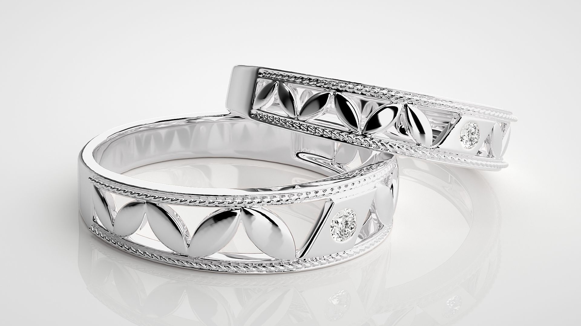 Leaf Solitaire Couple Band Ring 3dm stl render detail 3D print model_5