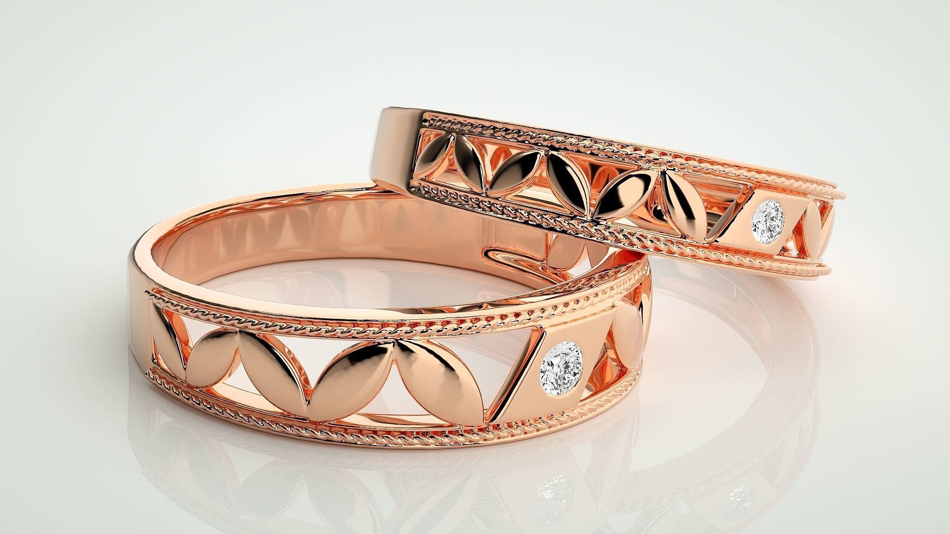 Leaf Solitaire Couple Band Ring 3dm stl render detail 3D print model_1