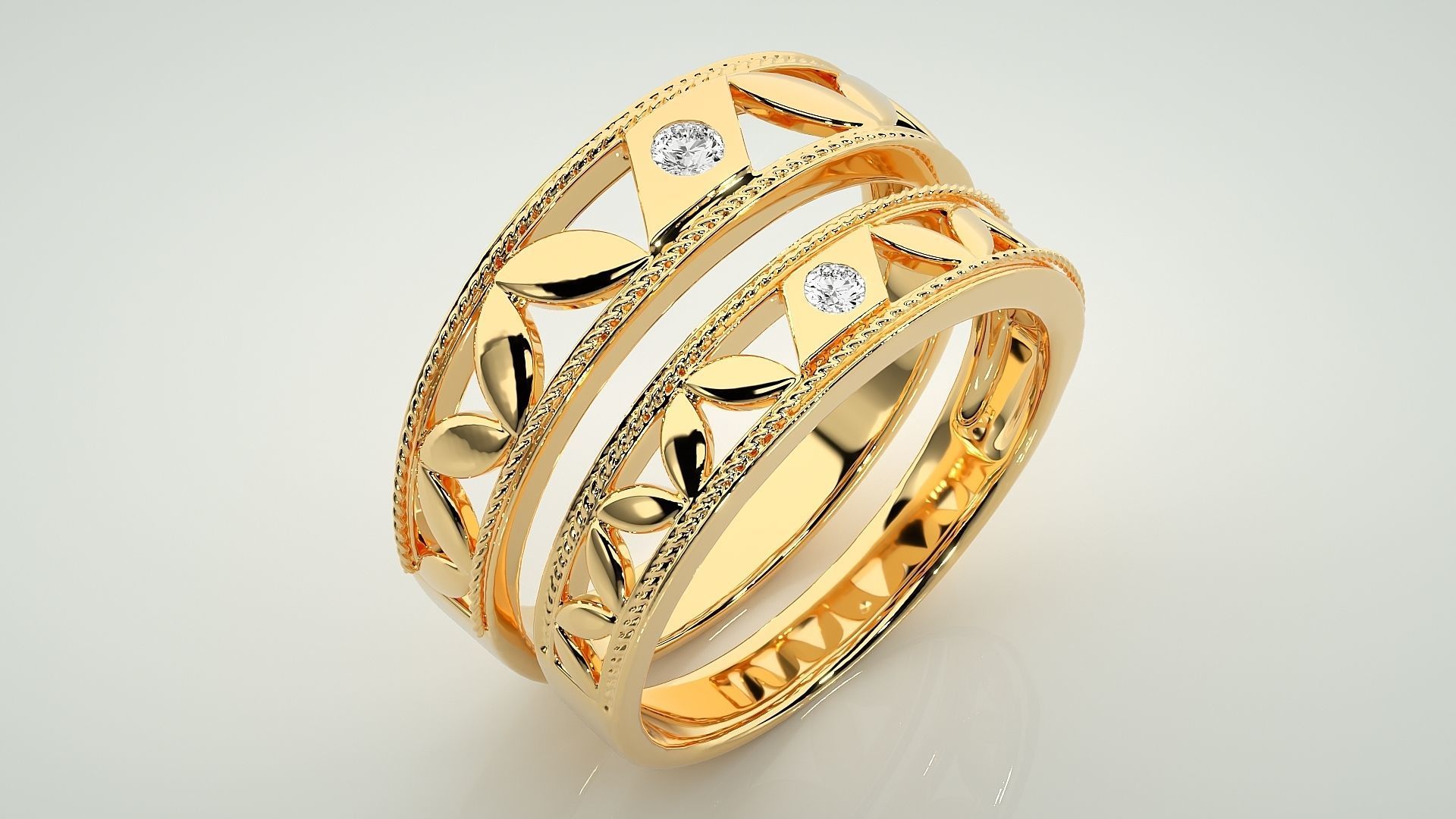 Leaf Solitaire Couple Band Ring 3dm stl render detail 3D print model_12