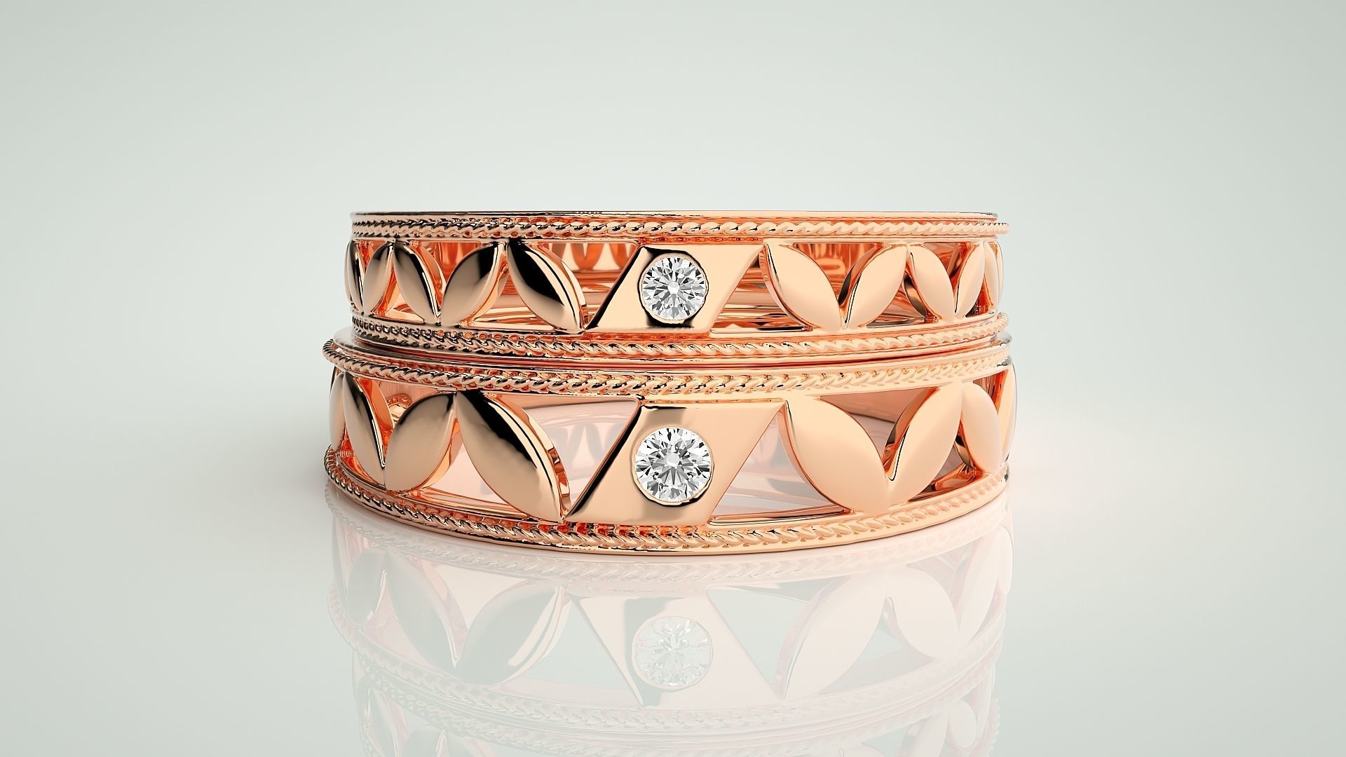 Leaf Solitaire Couple Band Ring 3dm stl render detail 3D print model_2