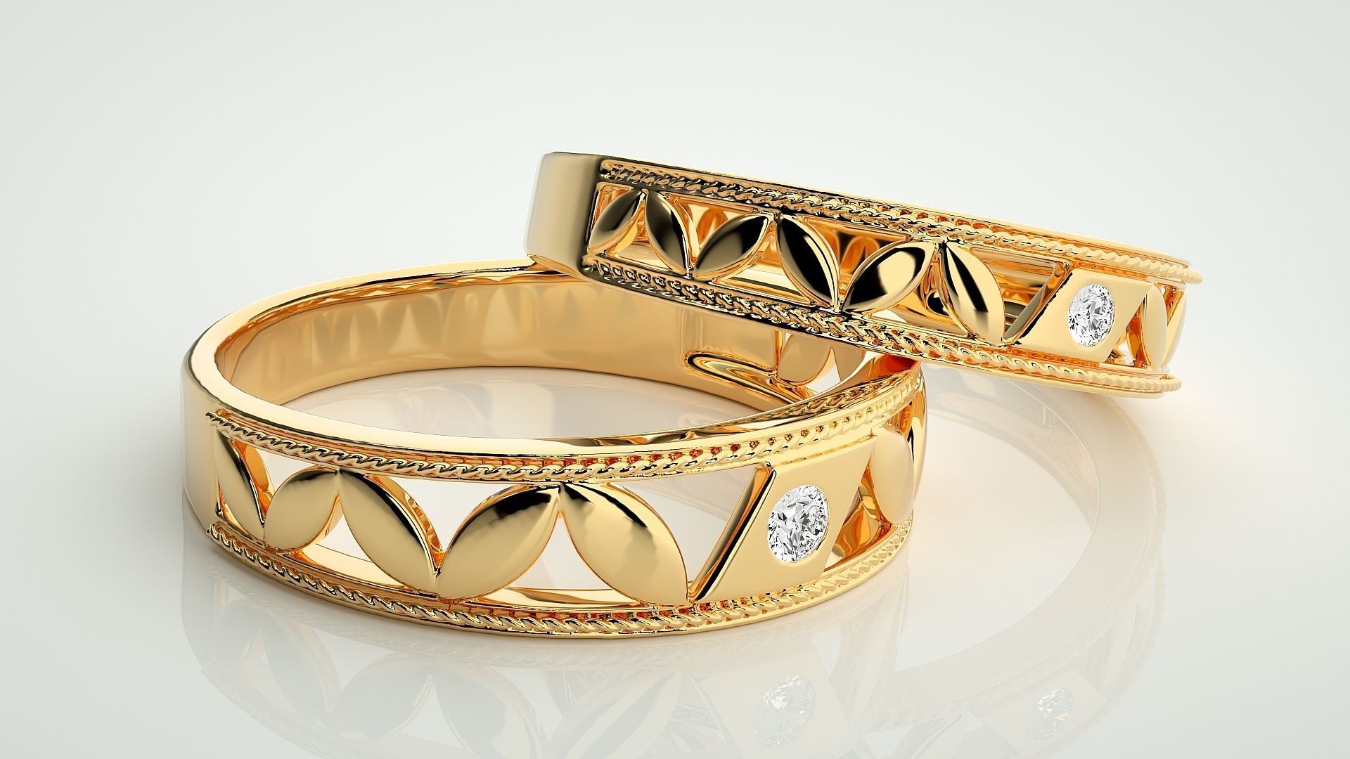 Leaf Solitaire Couple Band Ring 3dm stl render detail 3D print model_10