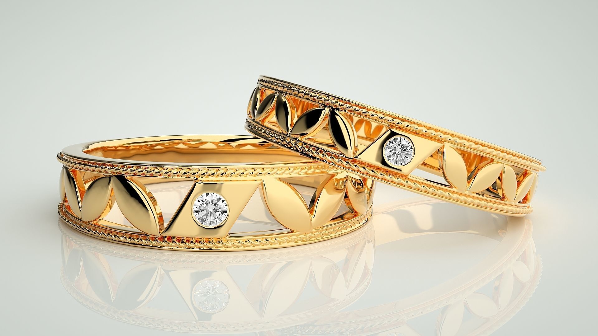 Leaf Solitaire Couple Band Ring 3dm stl render detail 3D print model_9