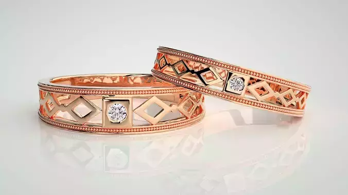 Solitaire Mesh Couple Band Ring 3dm stl render detail