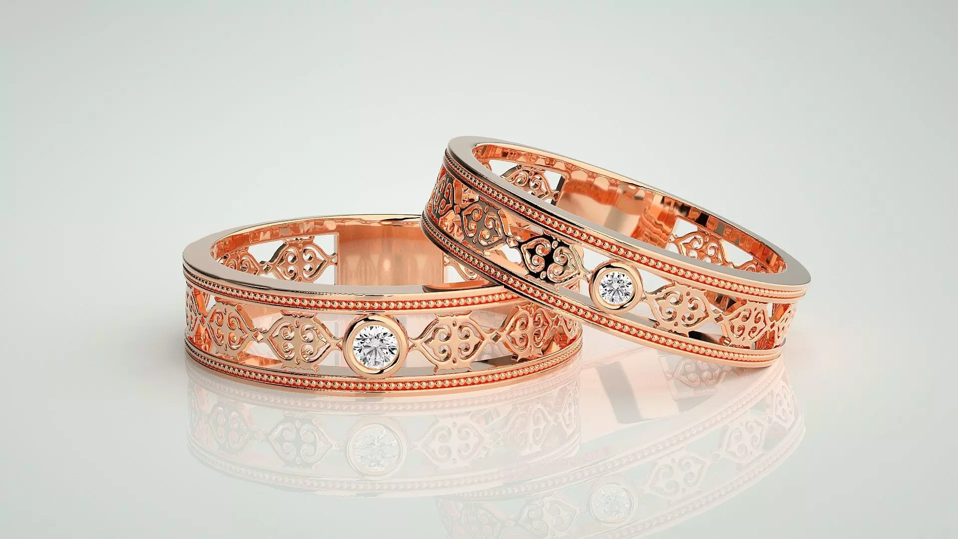 Solitaire Mesh Couple Band Ring 3dm stl render detail 3D print model_0