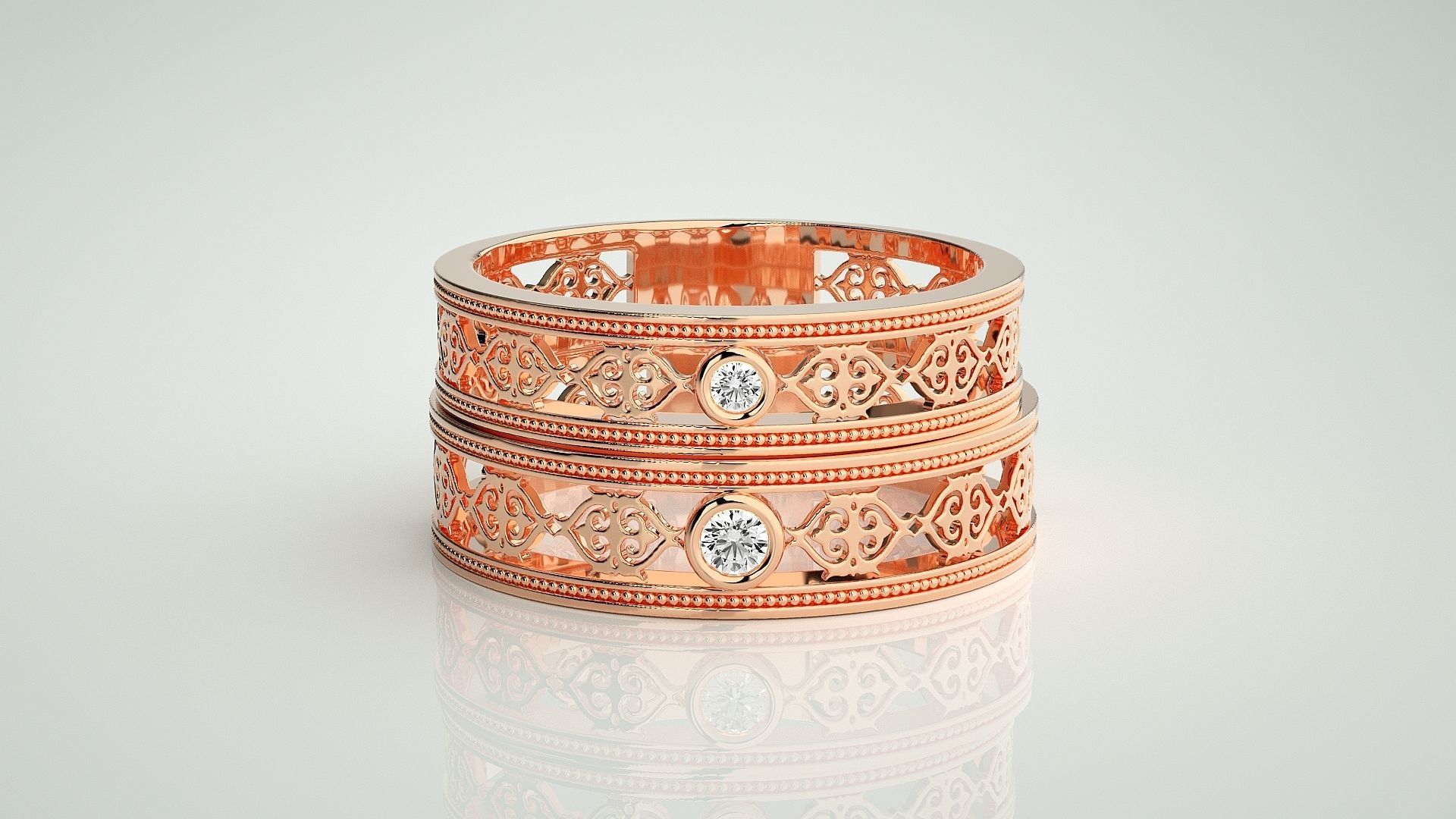 Solitaire Mesh Couple Band Ring 3dm stl render detail 3D print model_2