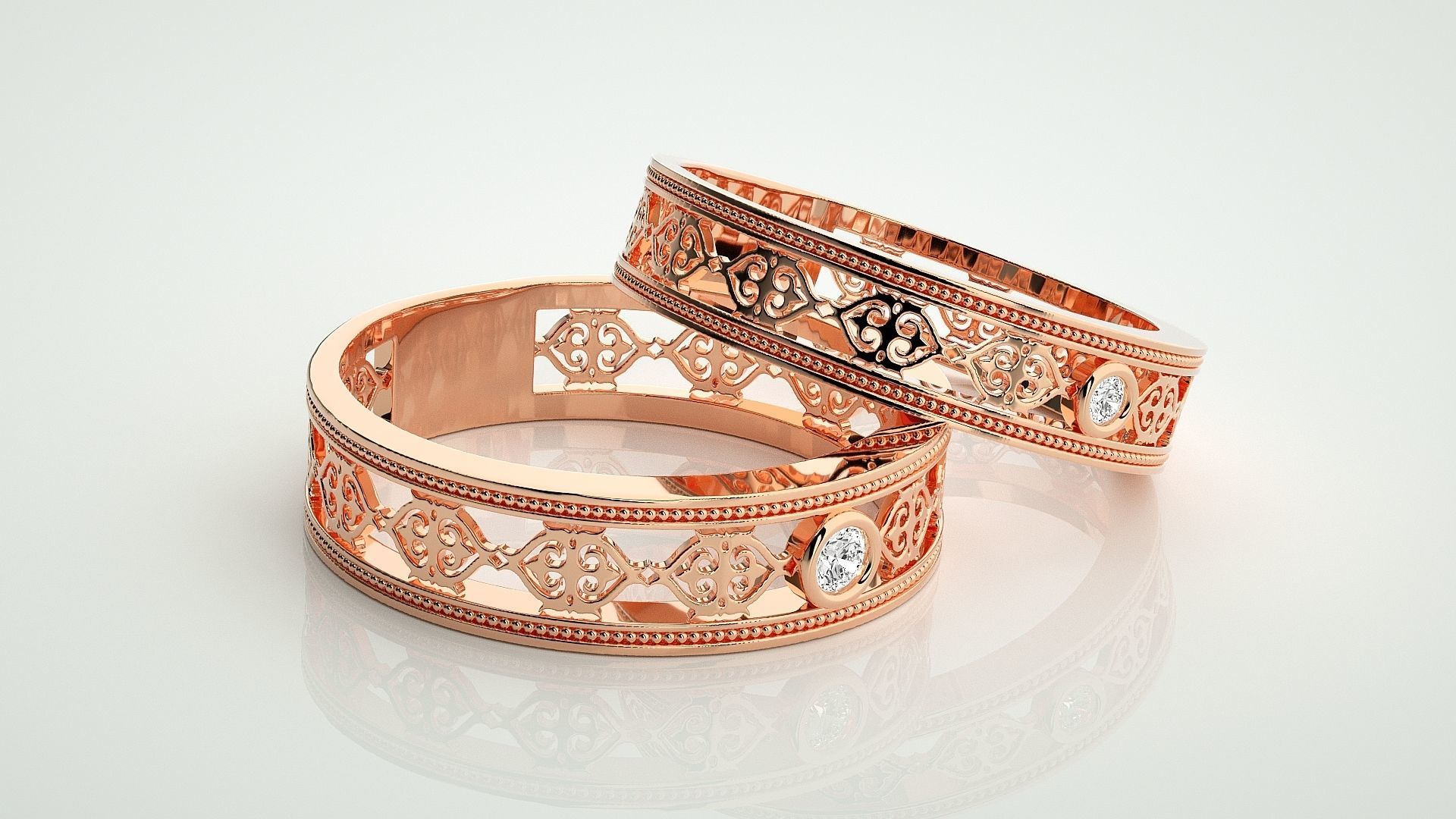 Solitaire Mesh Couple Band Ring 3dm stl render detail 3D print model_1