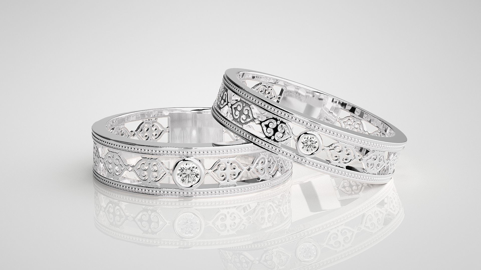 Solitaire Mesh Couple Band Ring 3dm stl render detail 3D print model_4