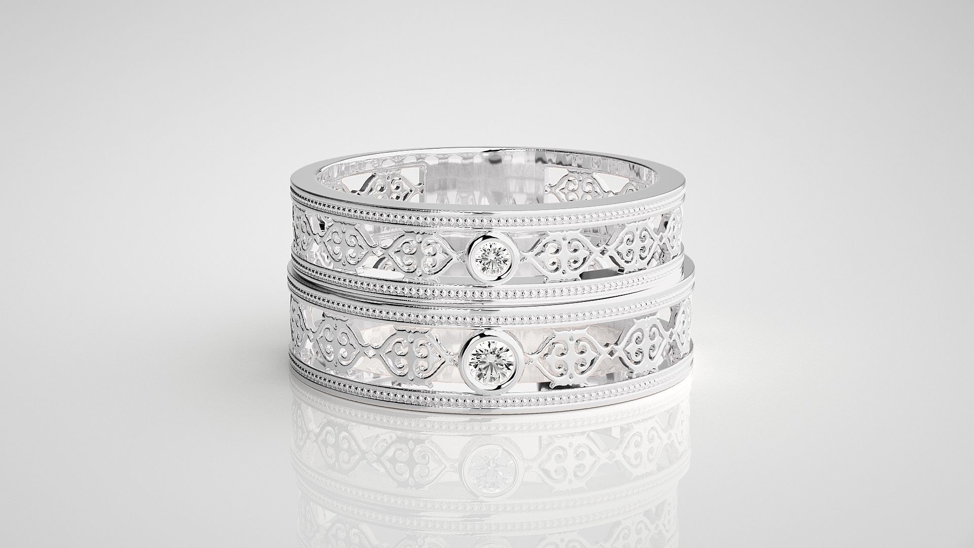 Solitaire Mesh Couple Band Ring 3dm stl render detail 3D print model_6