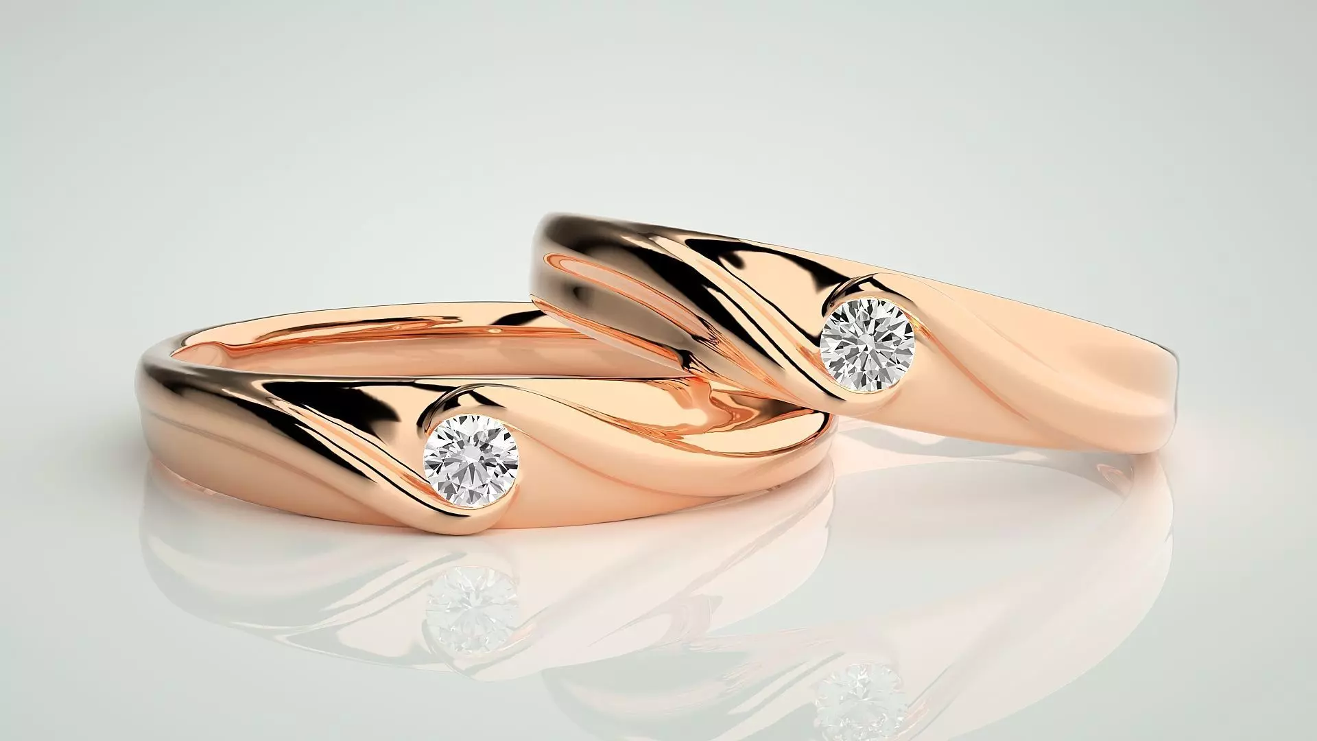 Solitaire Wave Couple Band Ring 3dm stl render detail 3D print model