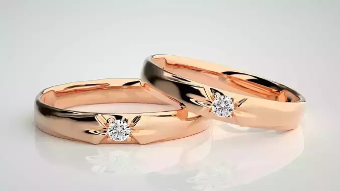 Solitaire Couple Band Ring 3dm stl render detail