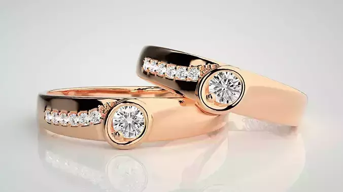 Solitaire Couple Band Ring 3dm stl render detail