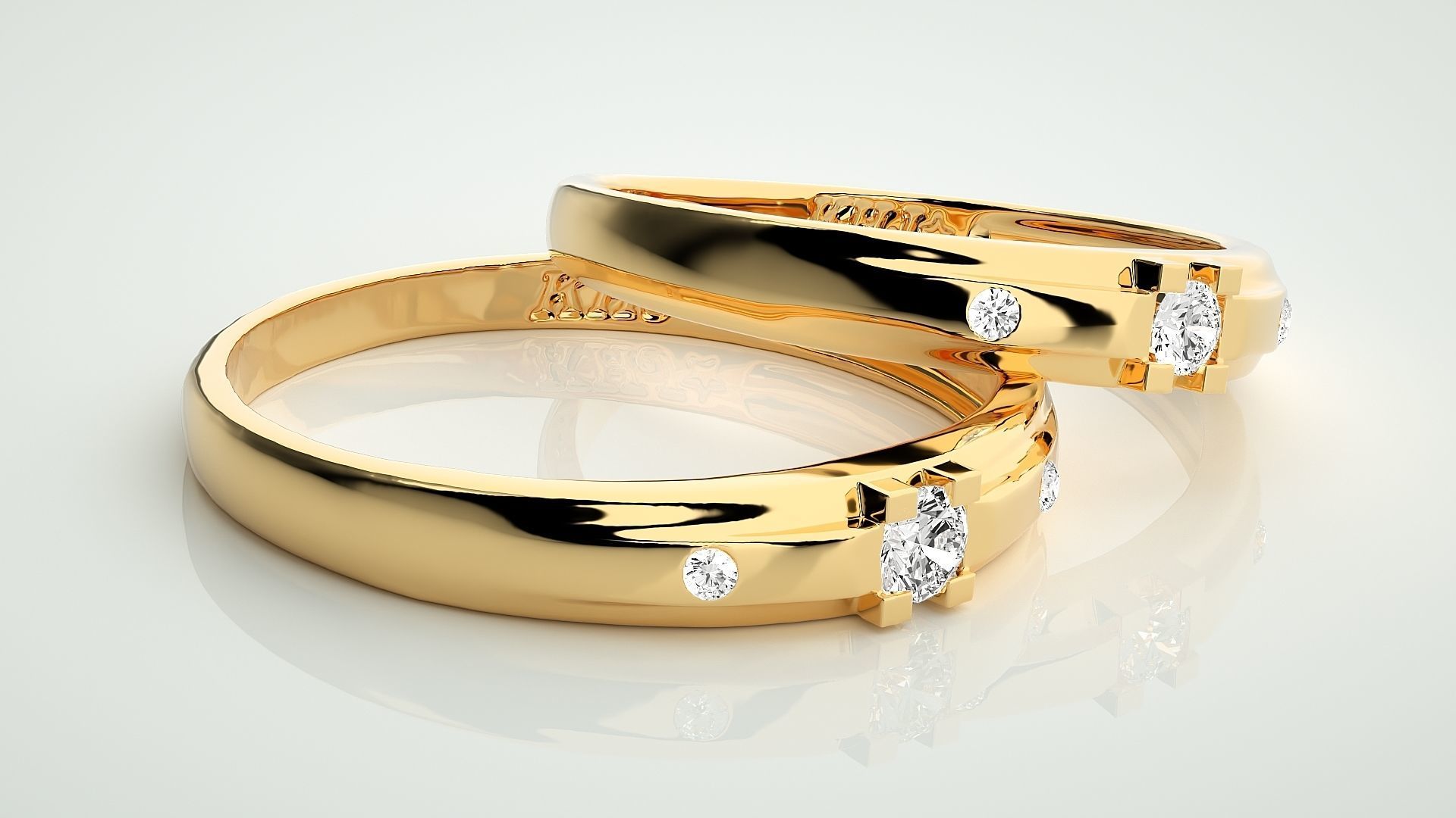 Solitaire Tri-Diamond Couple Band Ring 3dm stl render detail 3D print model_10