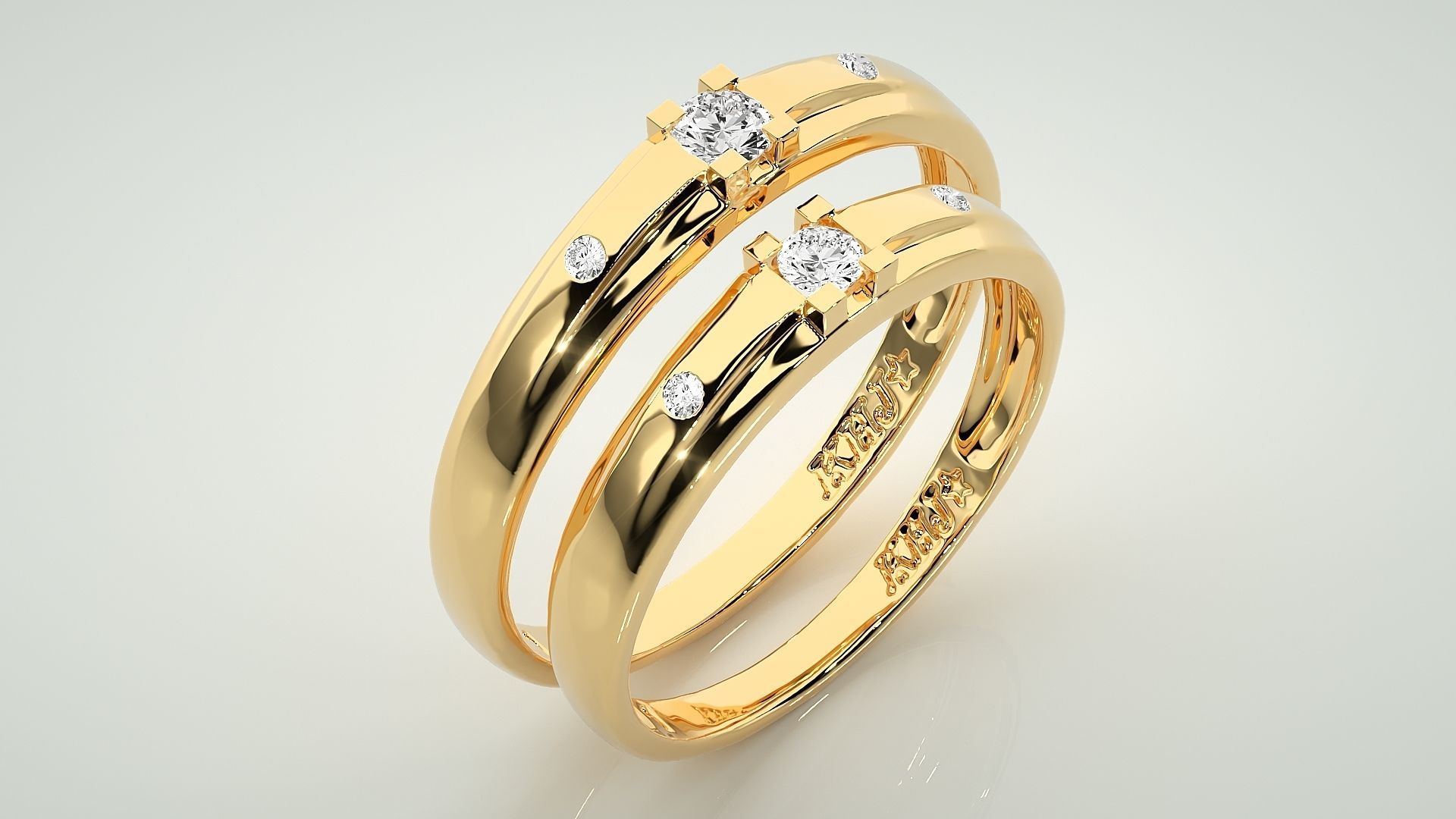 Solitaire Tri-Diamond Couple Band Ring 3dm stl render detail 3D print model_12