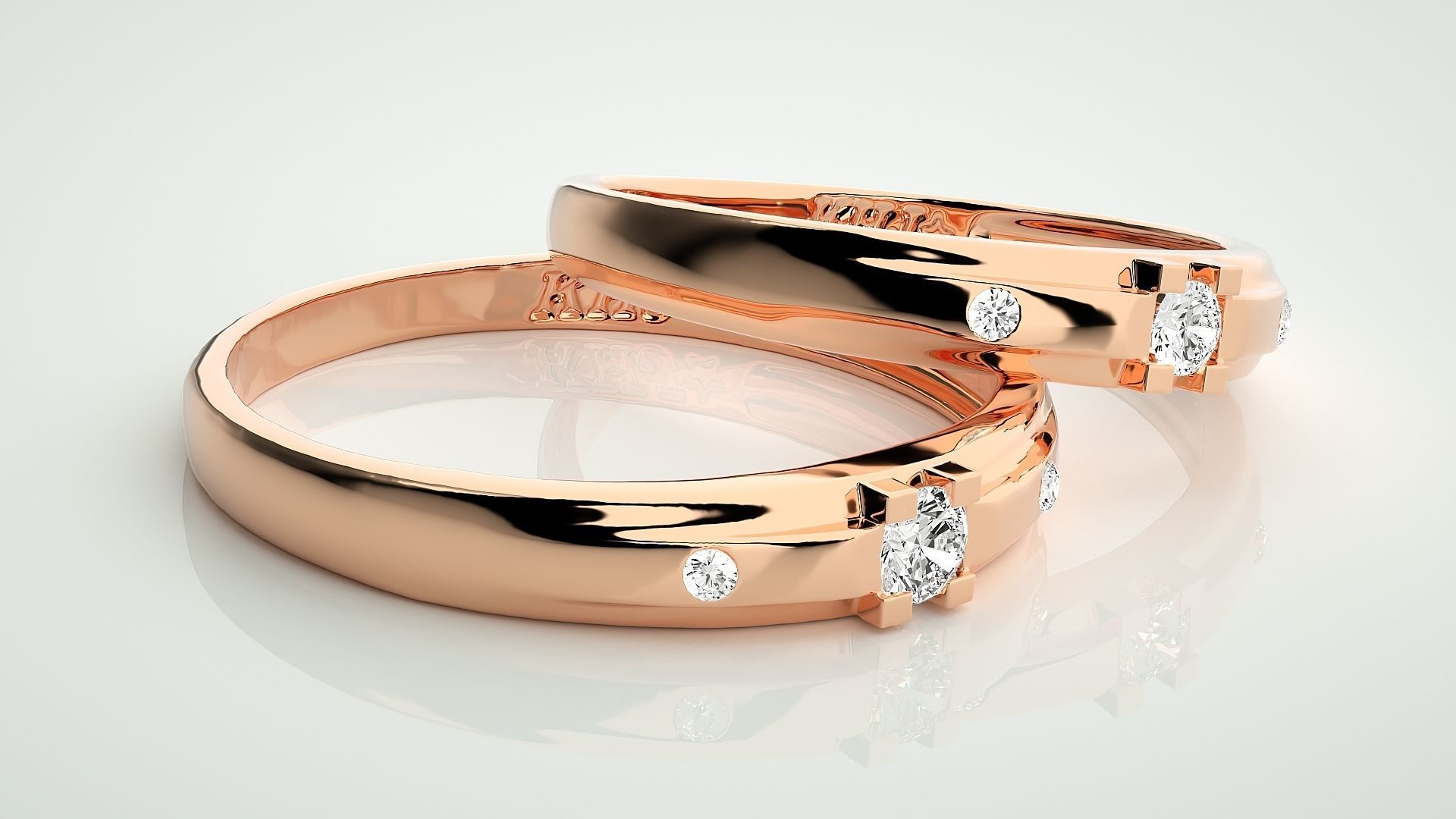 Solitaire Tri-Diamond Couple Band Ring 3dm stl render detail 3D print model_1