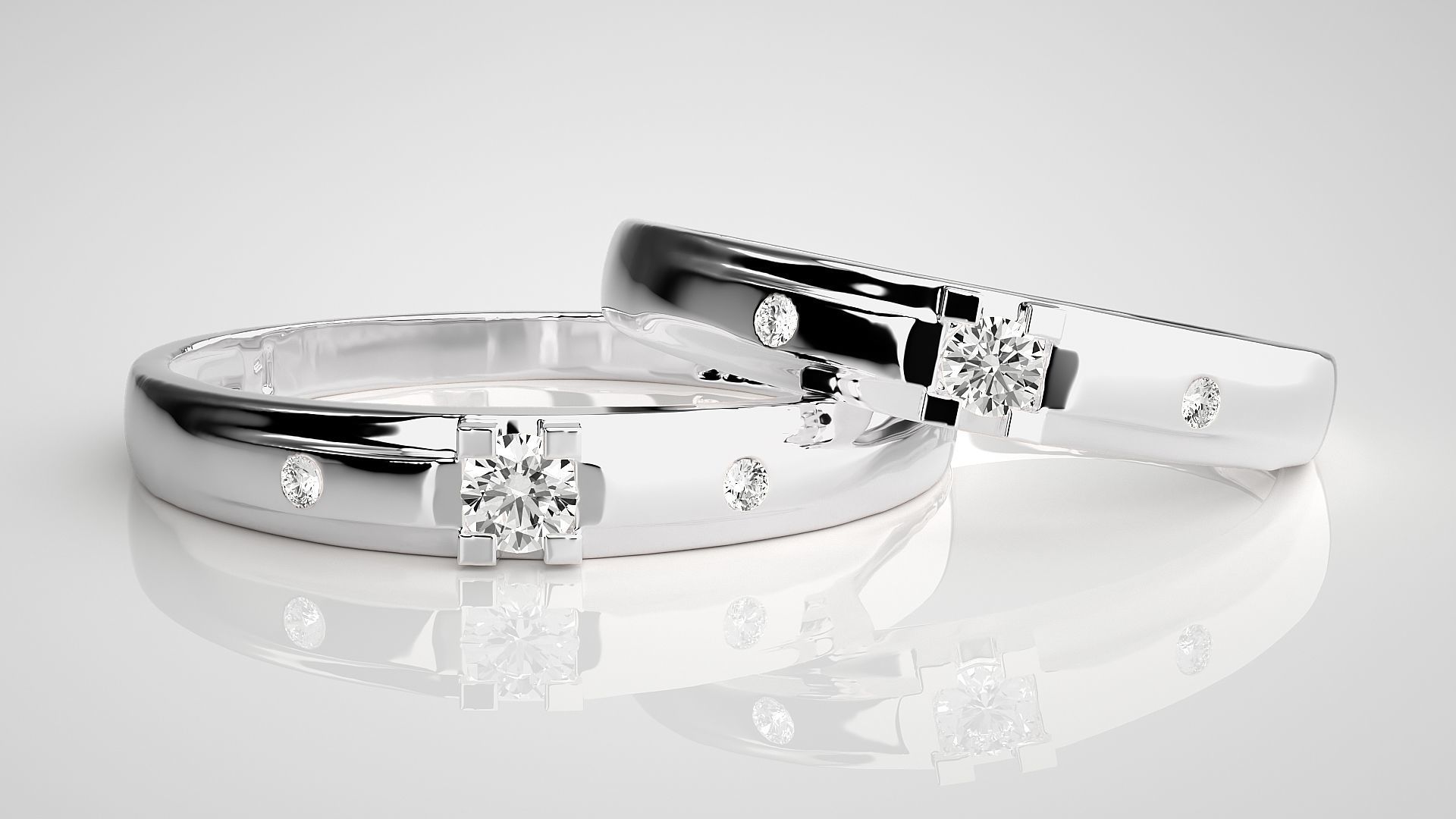 Solitaire Tri-Diamond Couple Band Ring 3dm stl render detail 3D print model_4