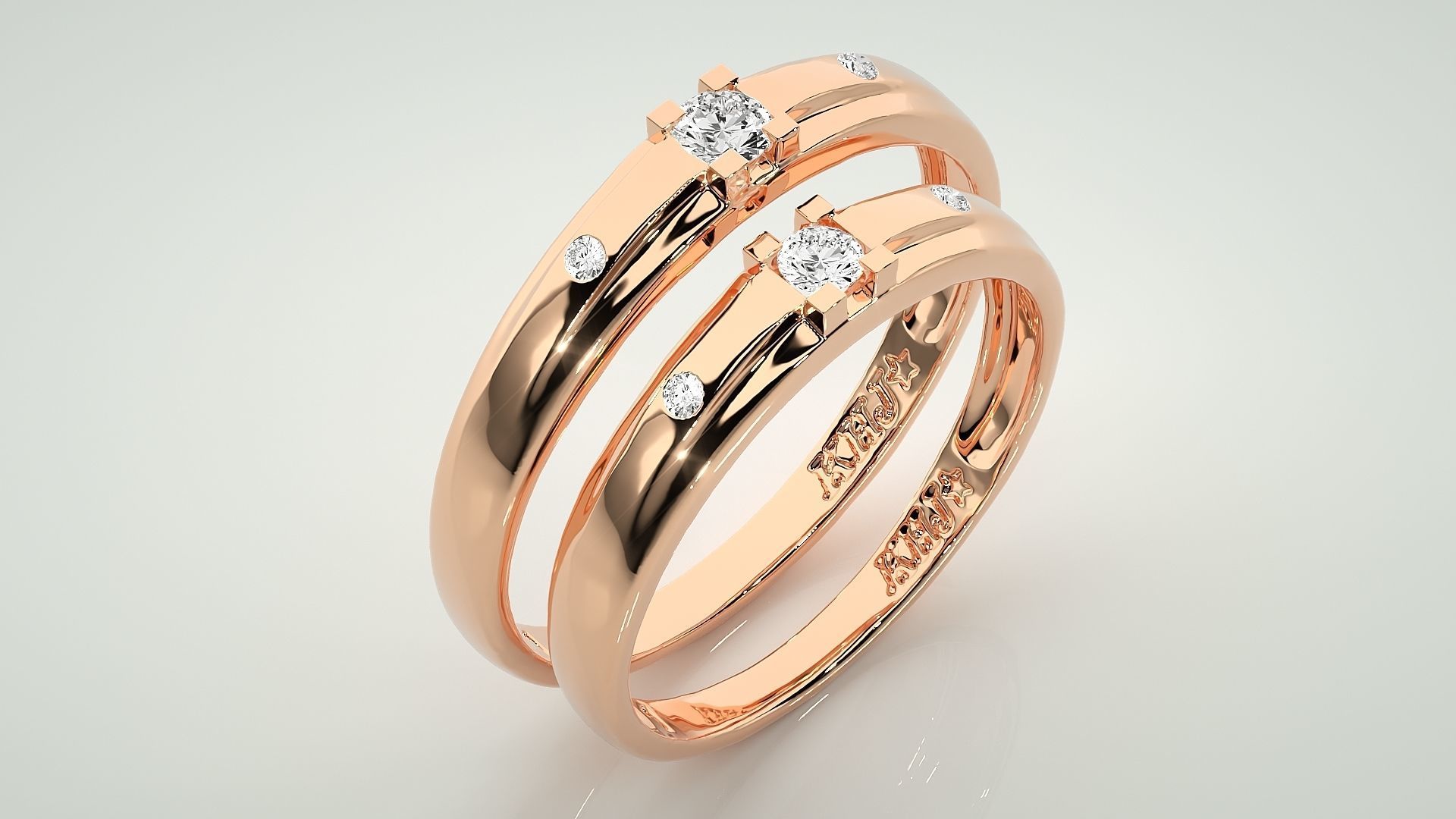 Solitaire Tri-Diamond Couple Band Ring 3dm stl render detail 3D print model_3